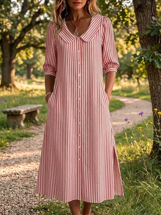New Arrivals🔥 Women's Peter Pan Collar Classic Stripe Print Cotton Linen Dress