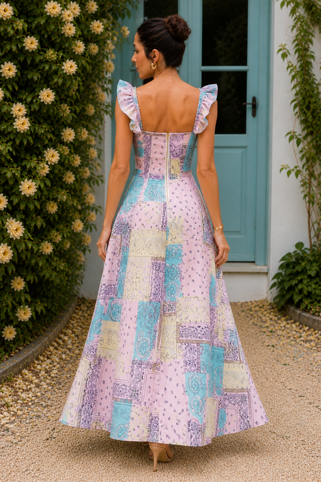 Pastel Paisley Patchwork Ruffle Strap Maxi Dress