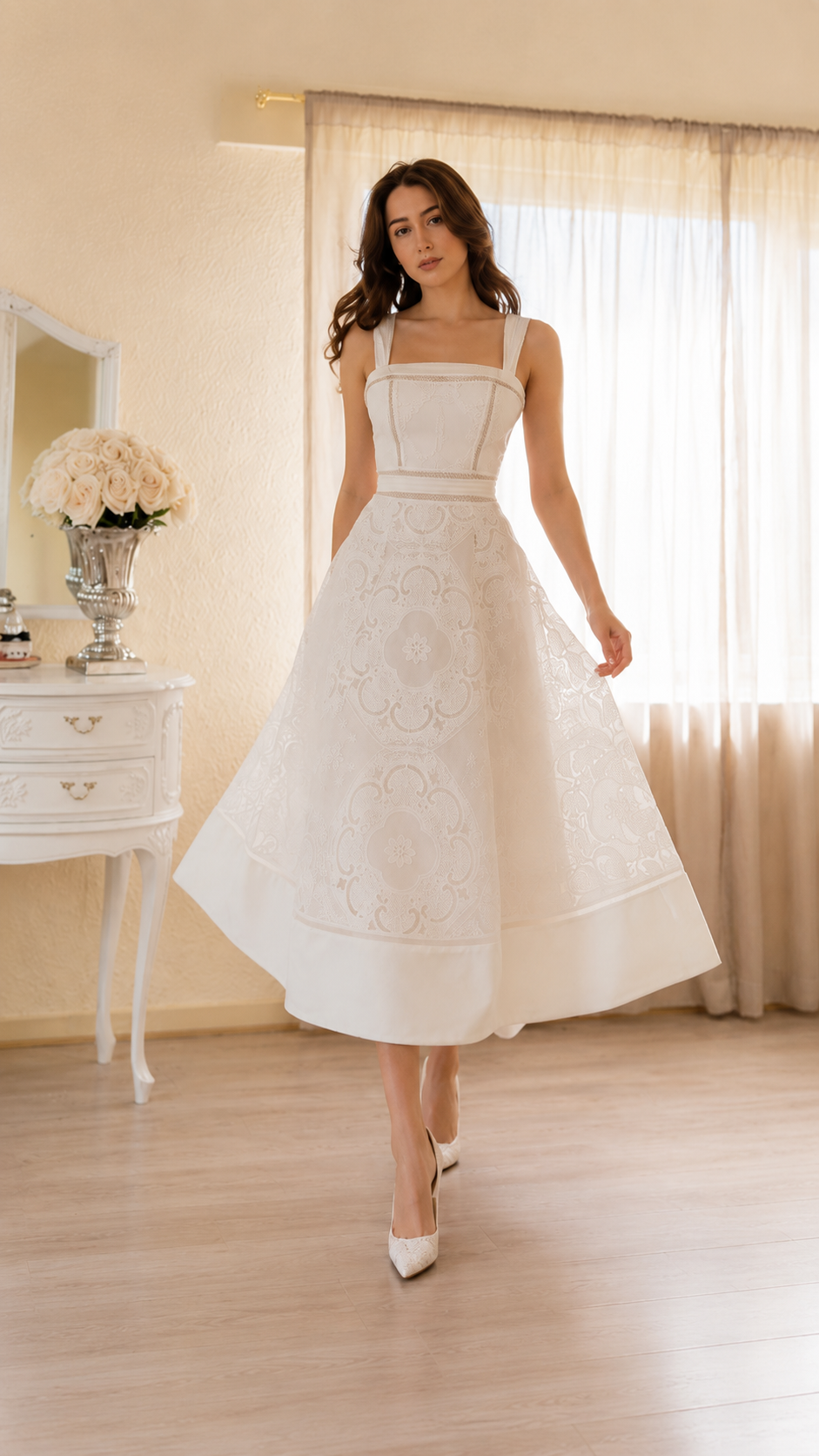 Elegant Ivory Embroidered Midi Dress