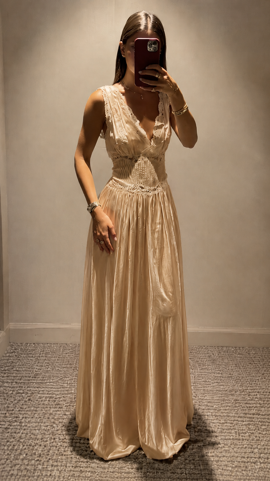 Lace Trim Smocked Waist Maxi Dress