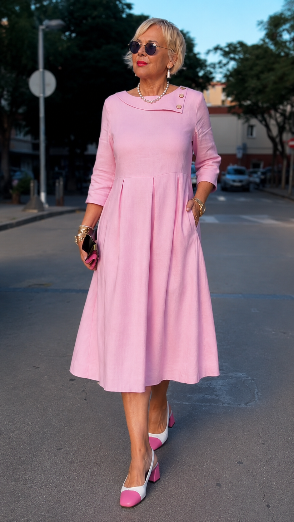 Elegant Pink Pleated Midi Dress with Button Collar Detail