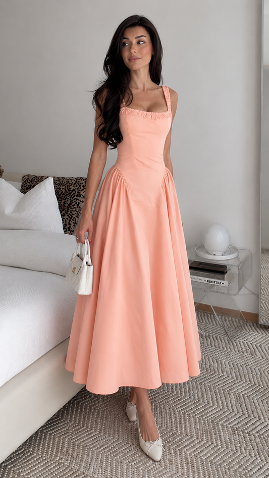 Ruched Strap Corset Fit & Flare Midi Dress