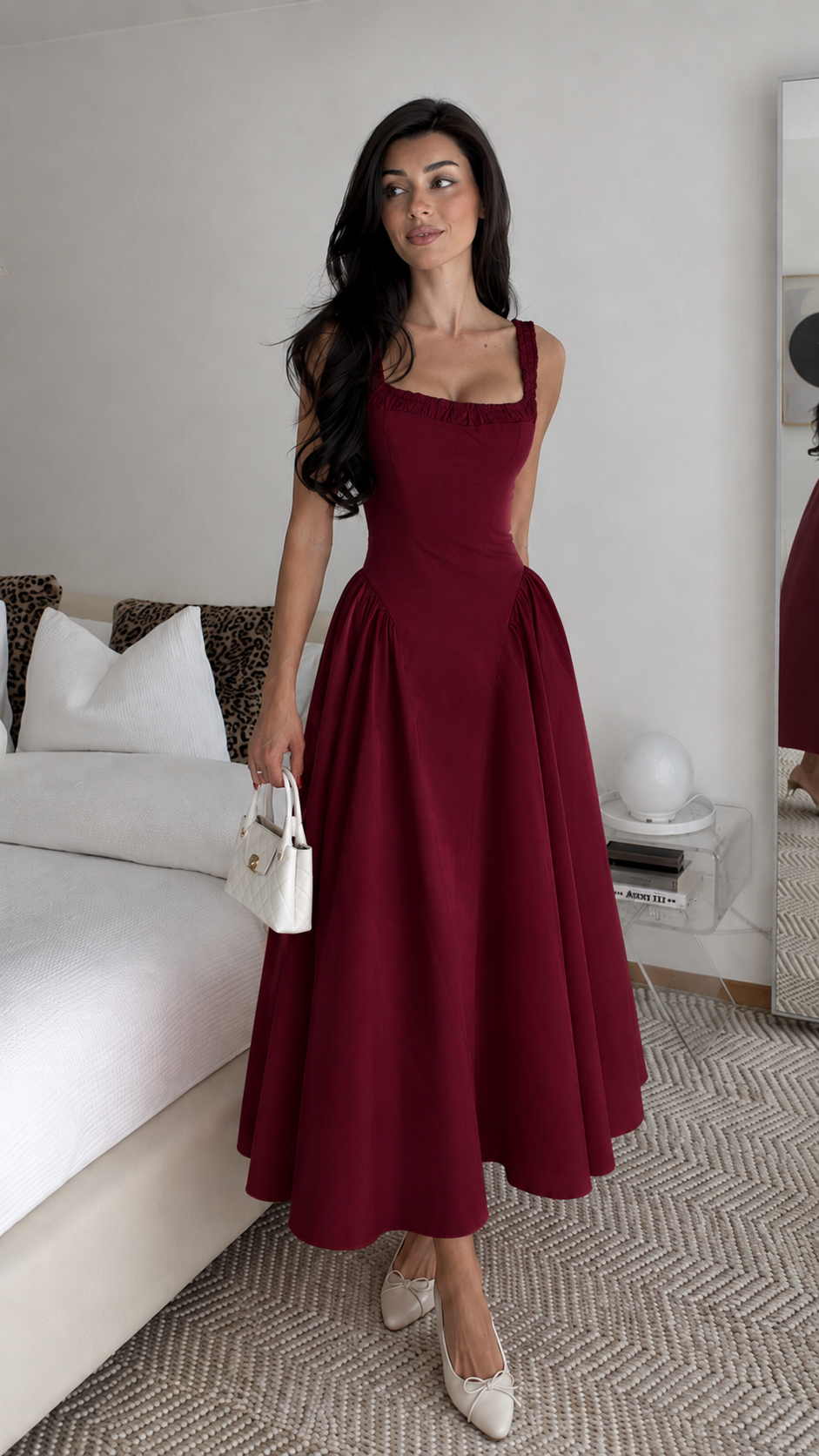 Ruched Strap Corset Fit & Flare Midi Dress