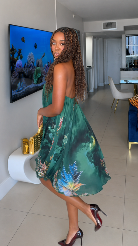 Embellished Printed Chiffon Swing Mini Dress