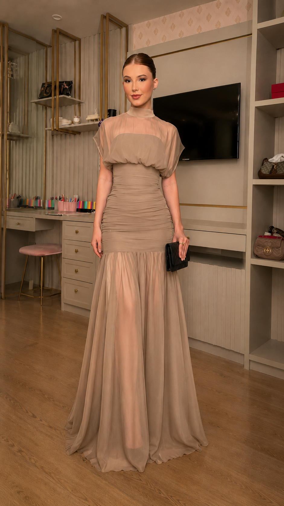 Sheer Mock Neck Ruched Mermaid Maxi Dress
