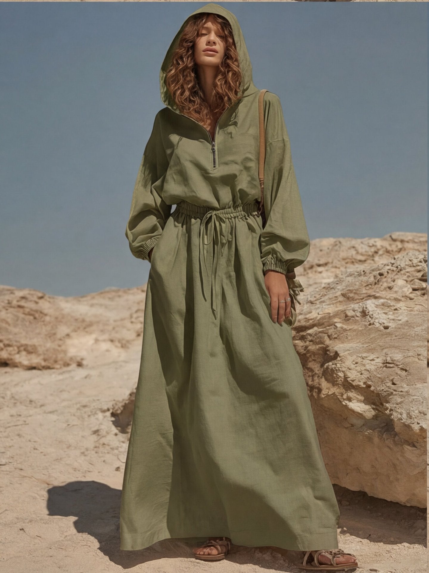 Women's Linen-Blend Hooded Maxi Dress with Half-Zip & Drawstring Waist