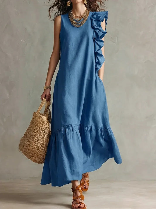 Women's Linen-Blend Asymmetrical Ruffle Maxi Dress