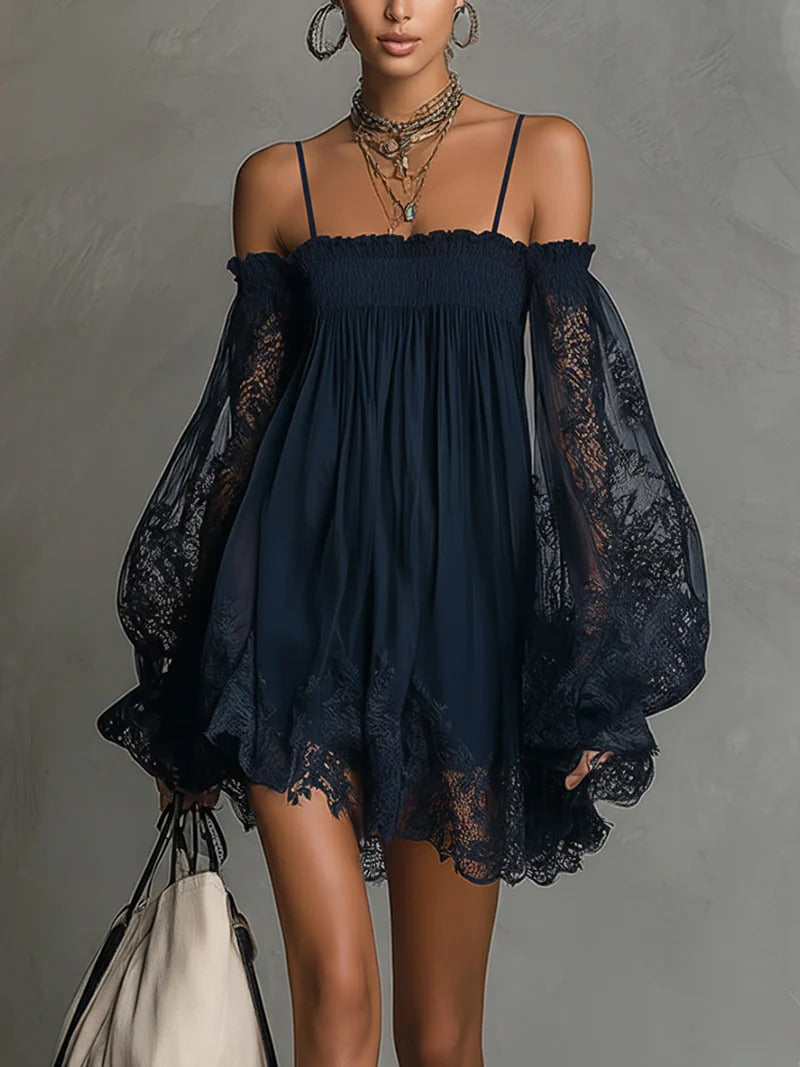 Off-Shoulder Lace Mini Dress with Puff Sleeves