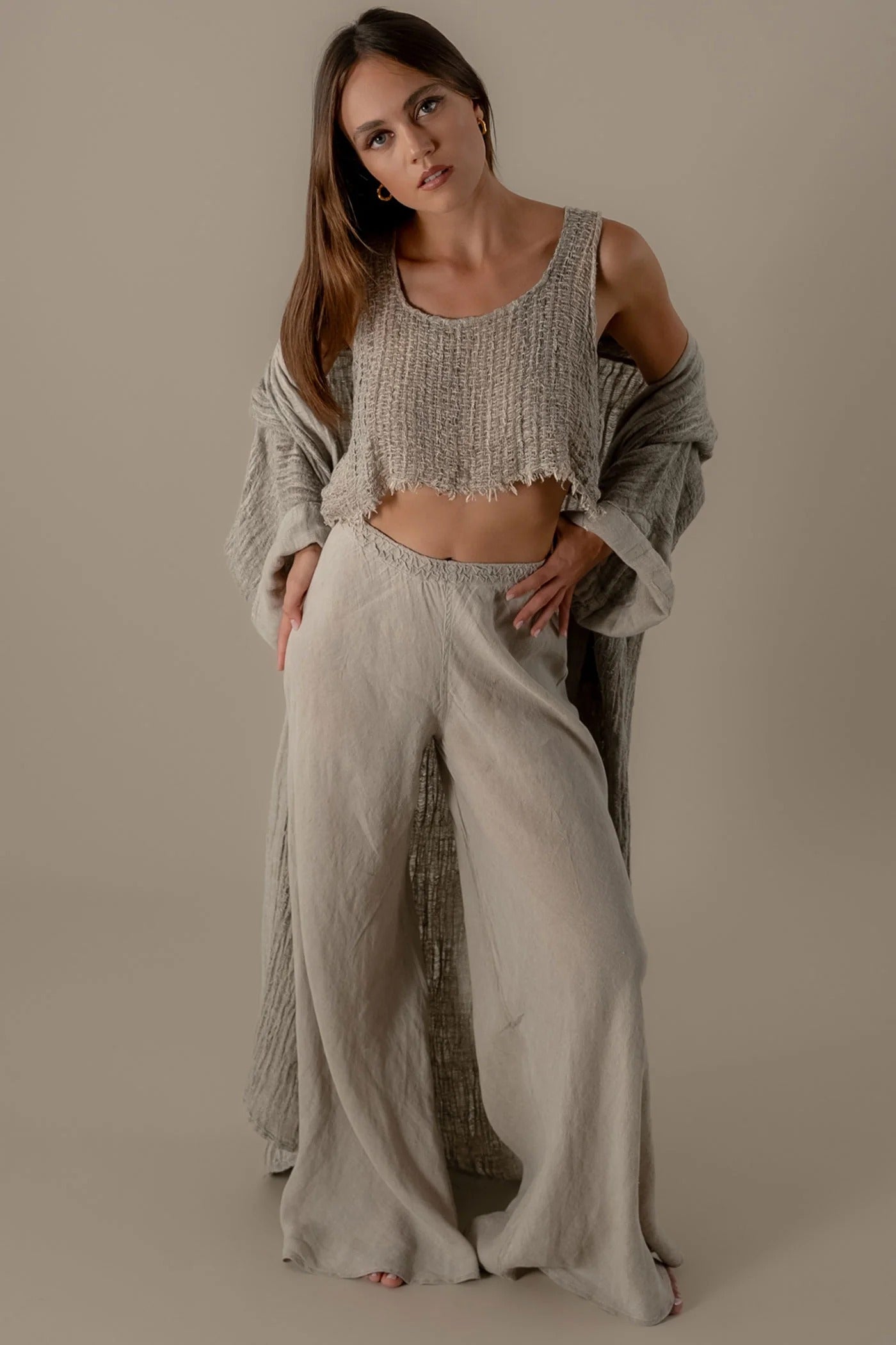3 Piece Linen Lounge Set Crinkle Kimono Crop Top Wide Leg Pants