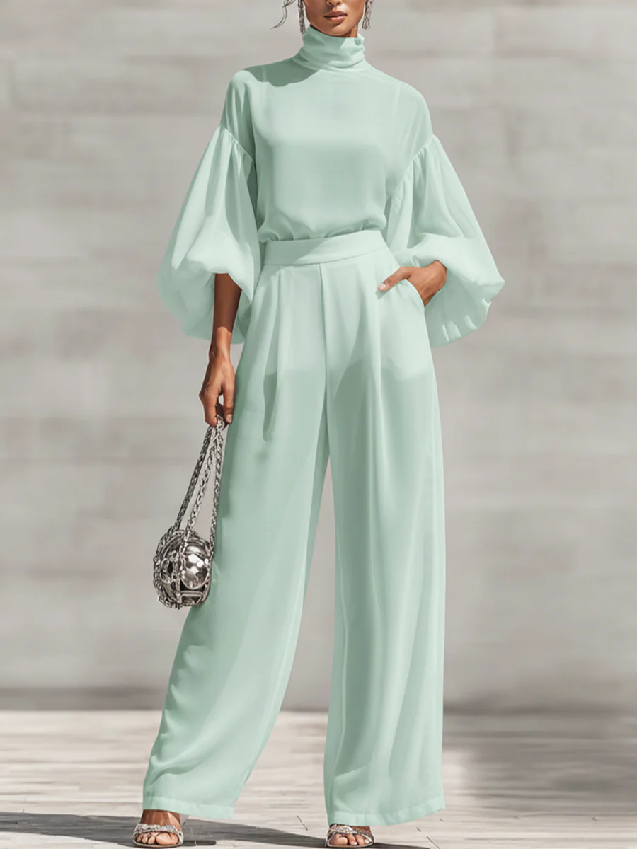 Mint Green 2-Piece Set: Turtleneck Puff Sleeve Top & Wide Leg Pants