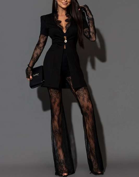 Elegant Black Lace Two-Piece Suit