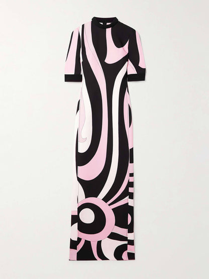 Retro-Inspired Unique Printed Satin Crinkle Maxi Dress
