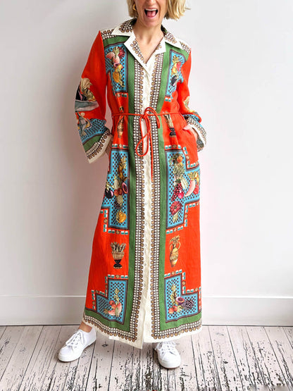 Classic Modern Unique Print Patchwork Loose Belted Shirt Silhouette Maxi Dress