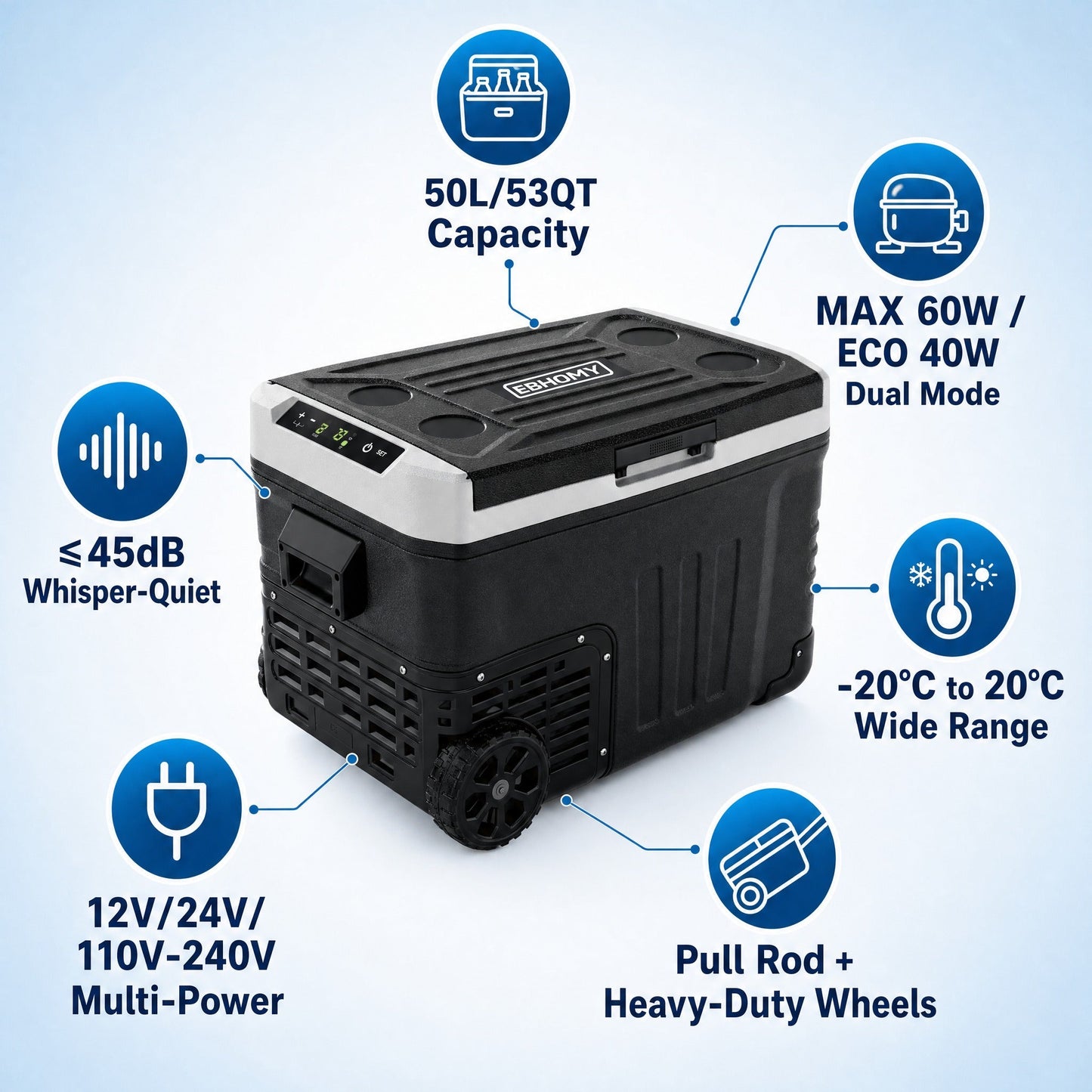 Pabuluer Overland Series 50L (53QT) Portable Refrigerator & Deep Freezer with All-Terrain Wheels