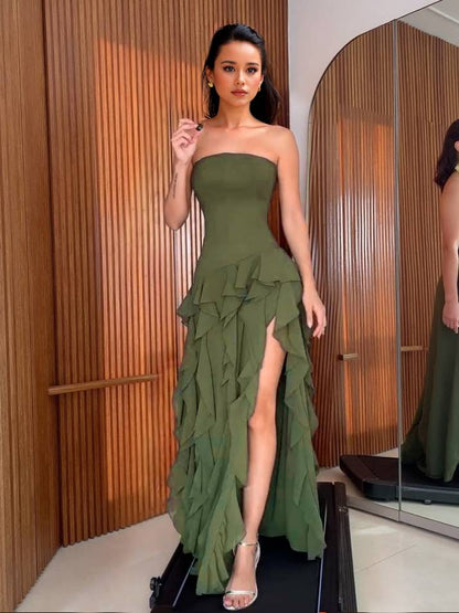 Tube Top Multi-layer Ruffled Side Slit Maxi Dress