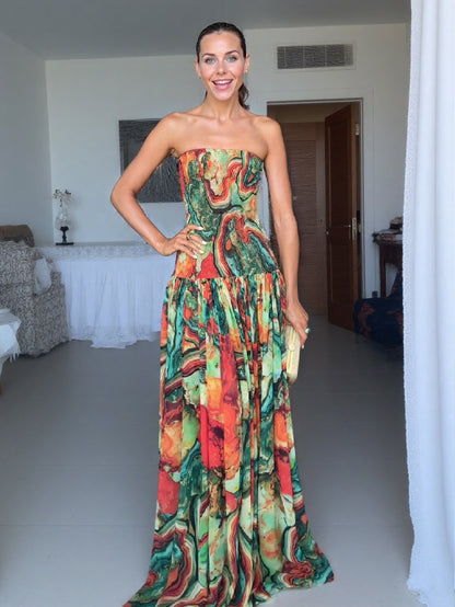 Elegant Wrap Neckline Abstract Print Maxi Dress