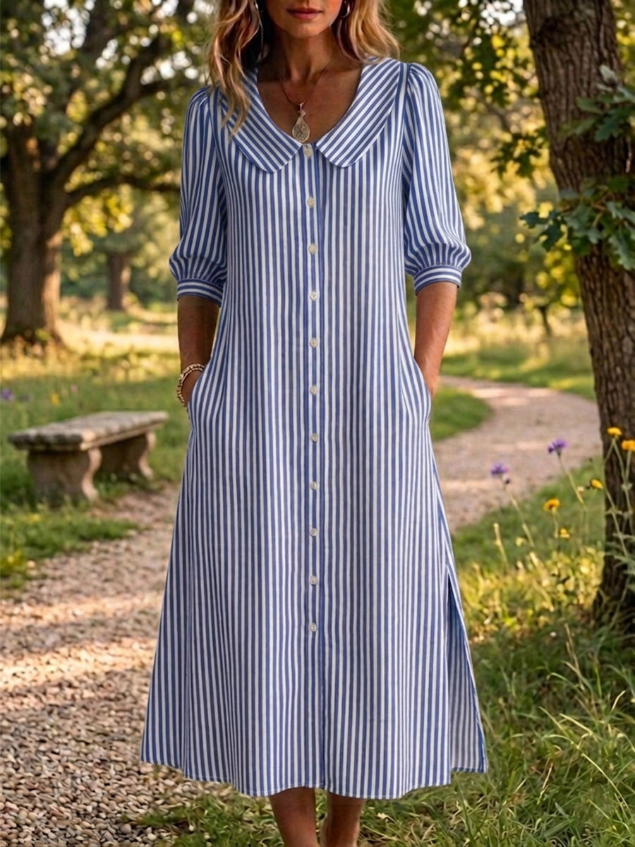 New Arrivals🔥 Women's Peter Pan Collar Classic Stripe Print Cotton Linen Dress