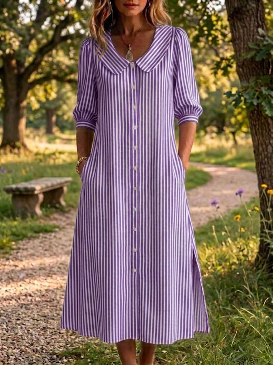 New Arrivals🔥 Women's Peter Pan Collar Classic Stripe Print Cotton Linen Dress