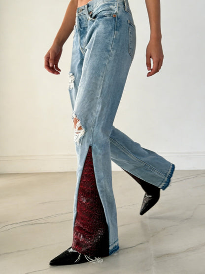Distressed Red Croc Flare Denim Jeans