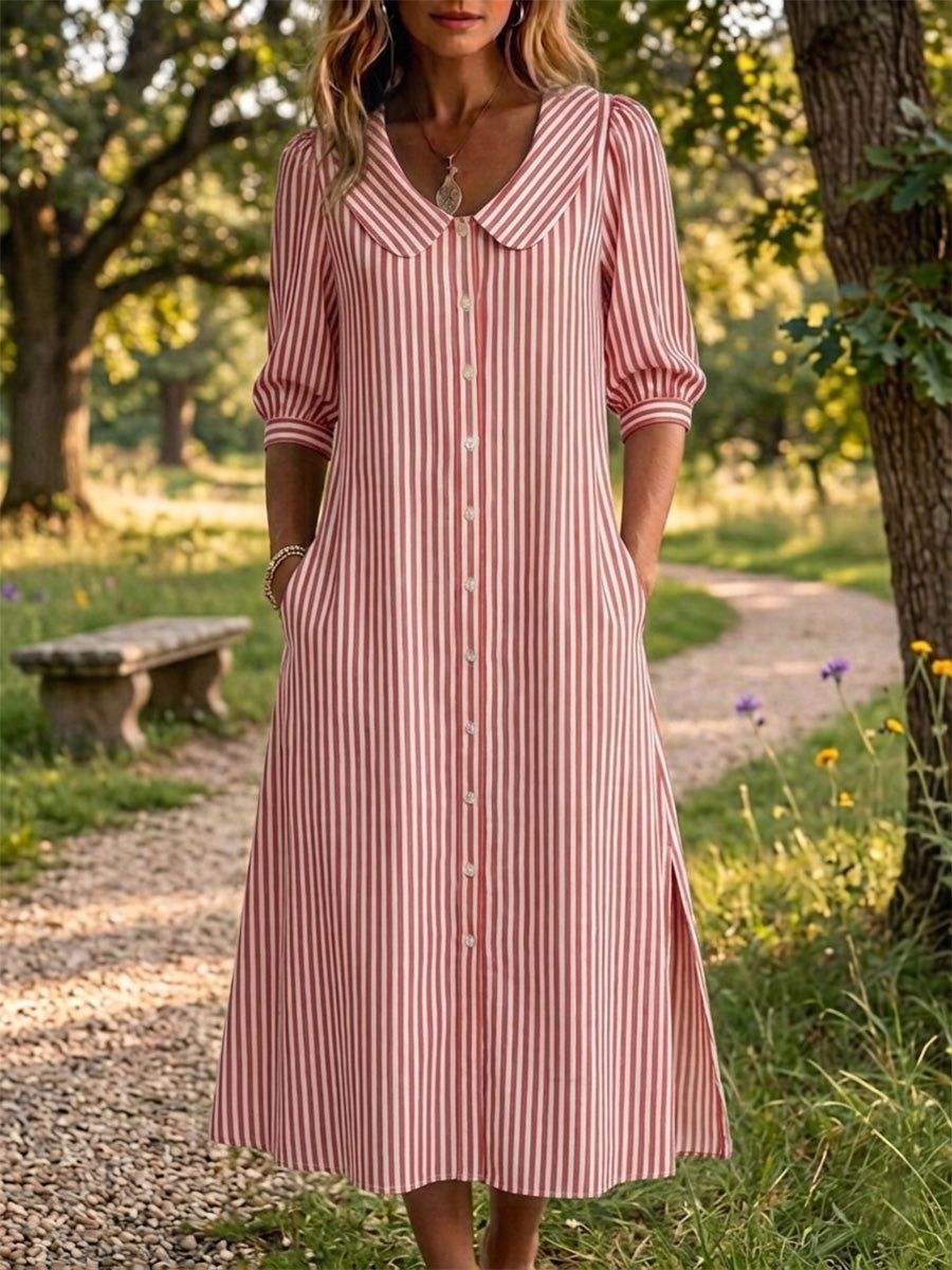 New Arrivals🔥 Women's Peter Pan Collar Classic Stripe Print Cotton Linen Dress