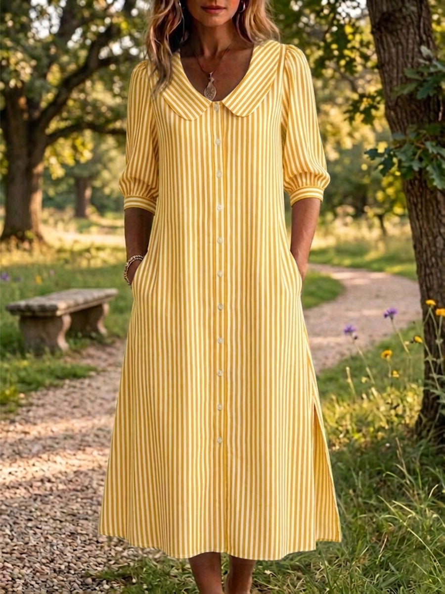 New Arrivals🔥 Women's Peter Pan Collar Classic Stripe Print Cotton Linen Dress