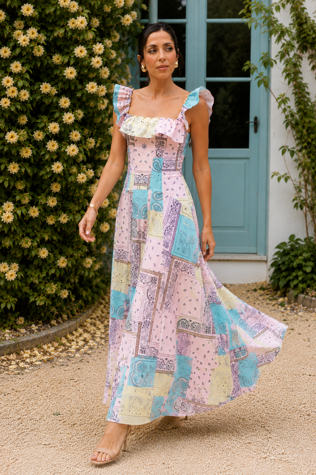 Pastel Paisley Patchwork Ruffle Strap Maxi Dress
