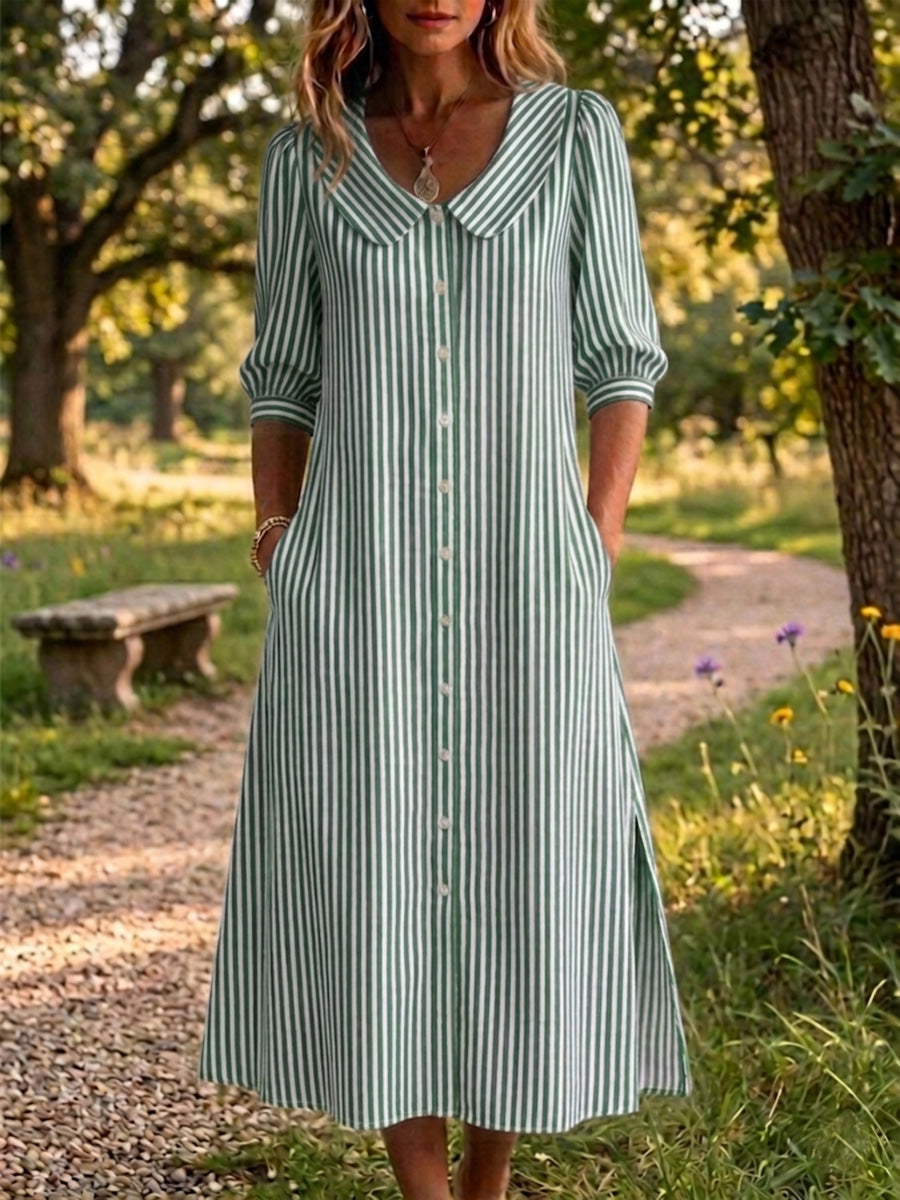 New Arrivals🔥 Women's Peter Pan Collar Classic Stripe Print Cotton Linen Dress