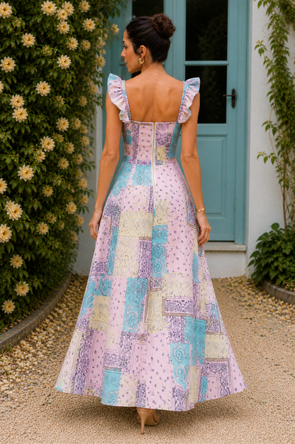 Pastel Paisley Patchwork Ruffle Strap Maxi Dress