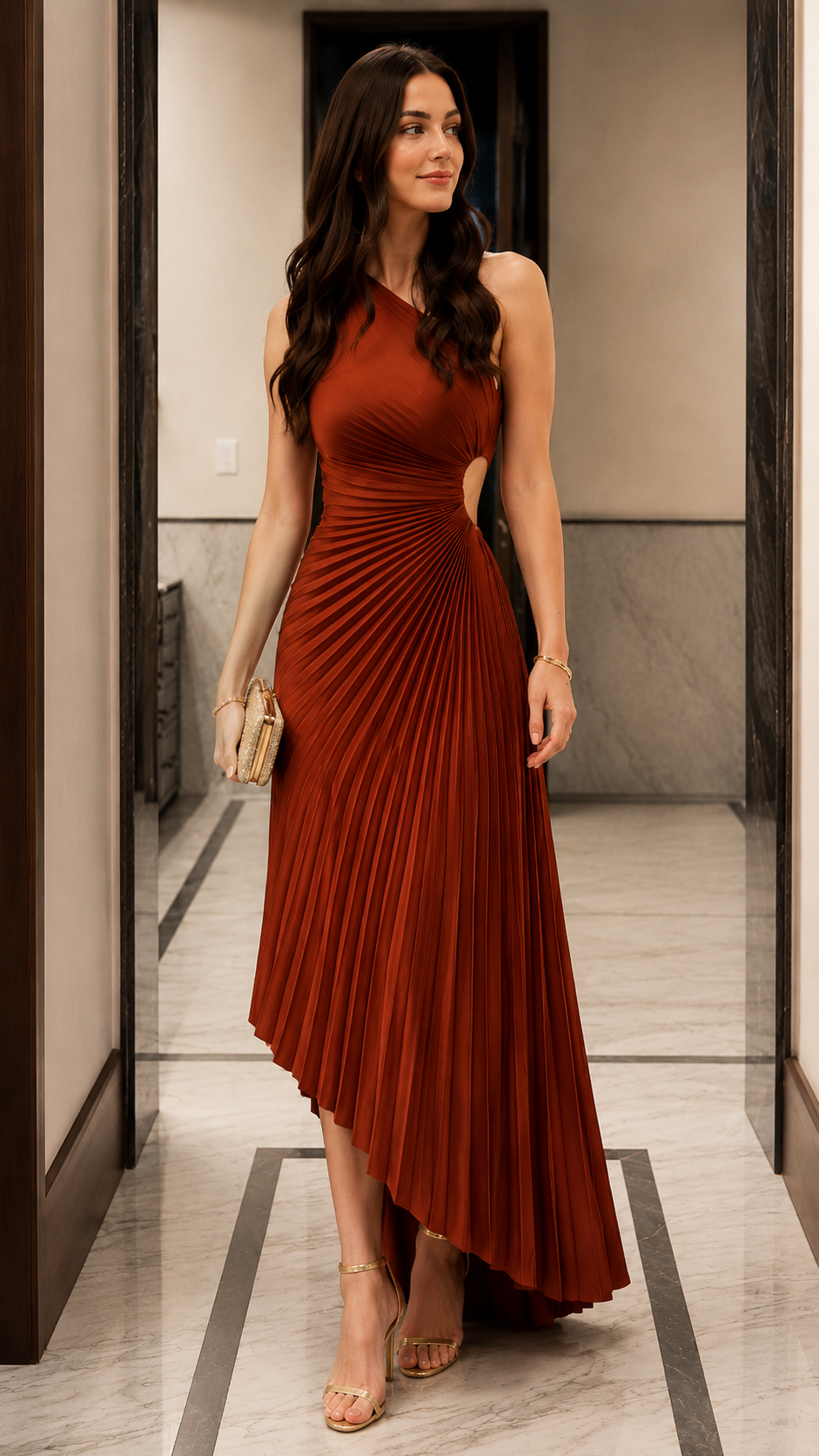 One Shoulder Pleated Asymmetric Midi Maxi Dress
