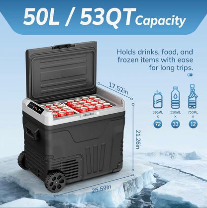 Pabuluer Overland Series 50L (53QT) Portable Refrigerator & Deep Freezer with All-Terrain Wheels