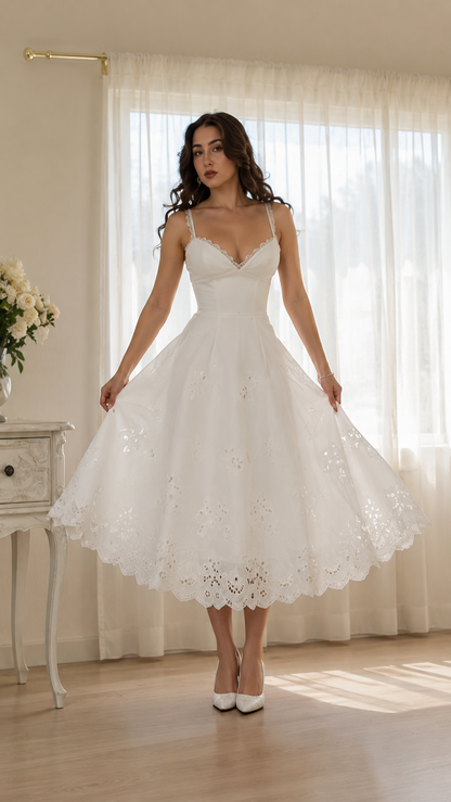 Ivory Embroidered Eyelet Midi Dress