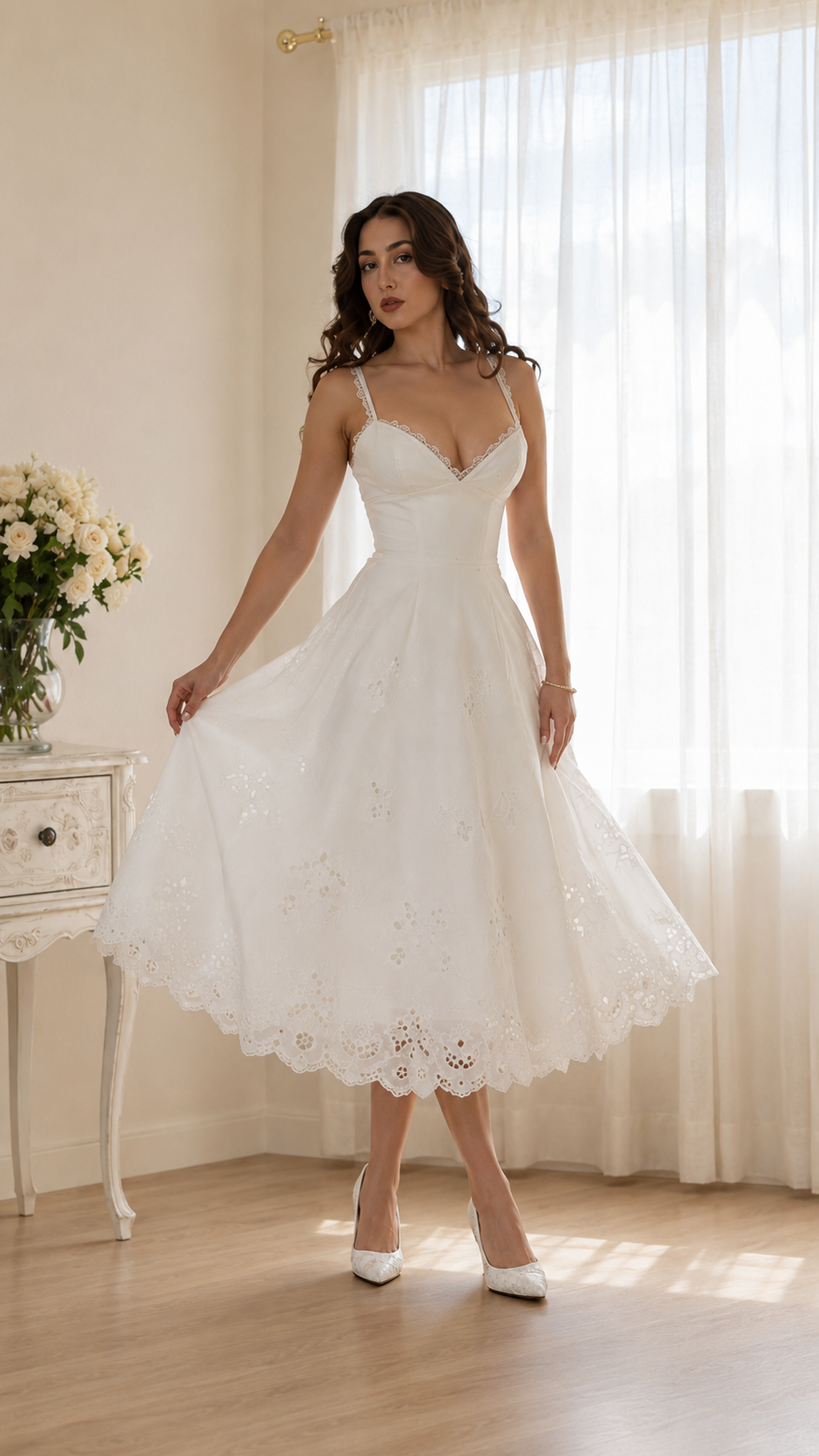 Ivory Embroidered Eyelet Midi Dress