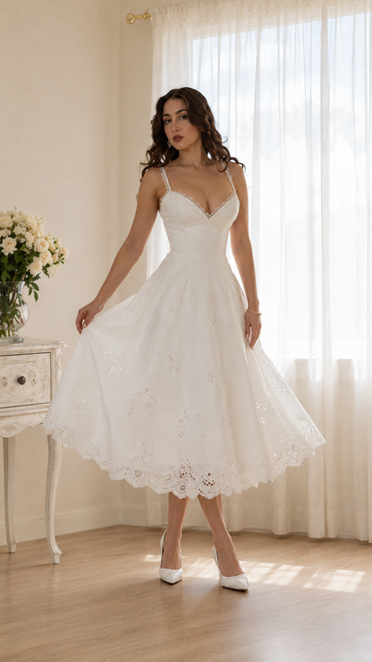 Ivory Embroidered Eyelet Midi Dress