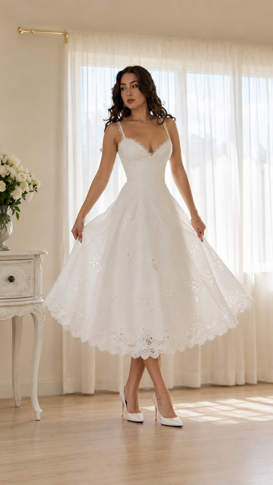 Ivory Embroidered Eyelet Midi Dress