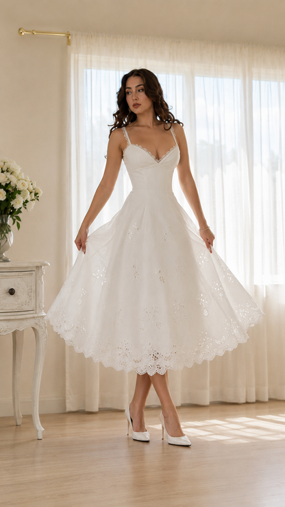 Ivory Embroidered Eyelet Midi Dress