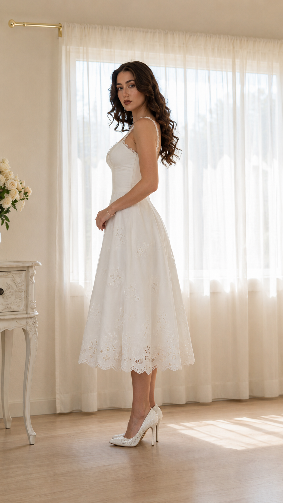 Ivory Embroidered Eyelet Midi Dress