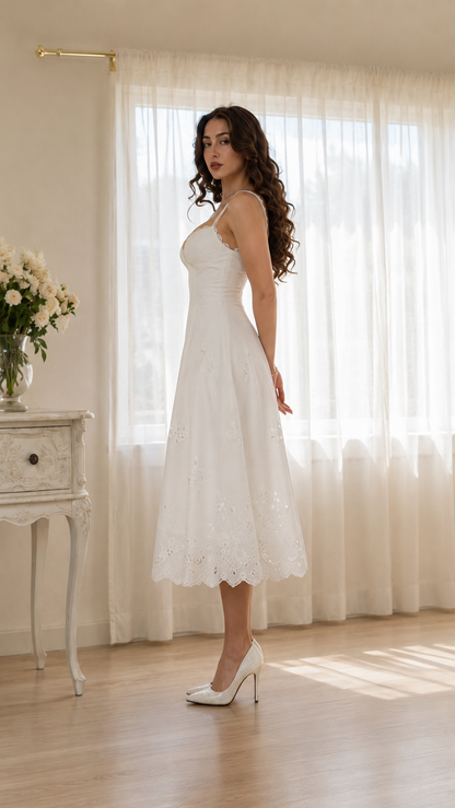Ivory Embroidered Eyelet Midi Dress