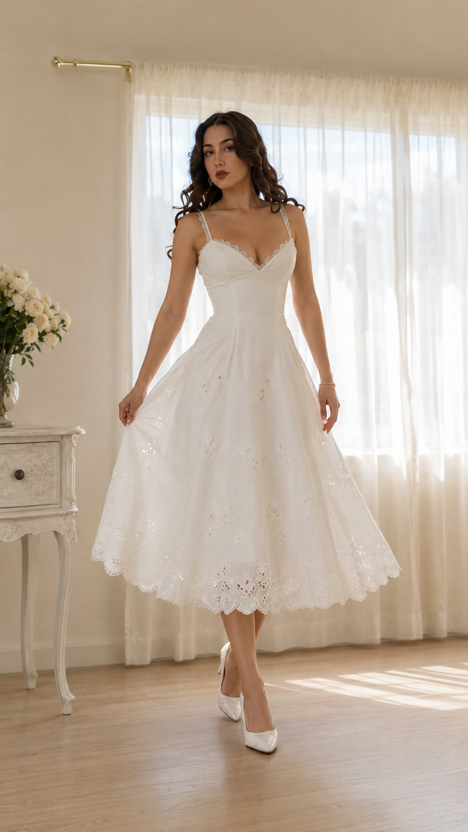 Ivory Embroidered Eyelet Midi Dress