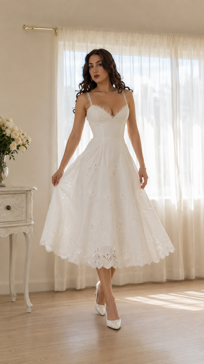 Ivory Embroidered Eyelet Midi Dress