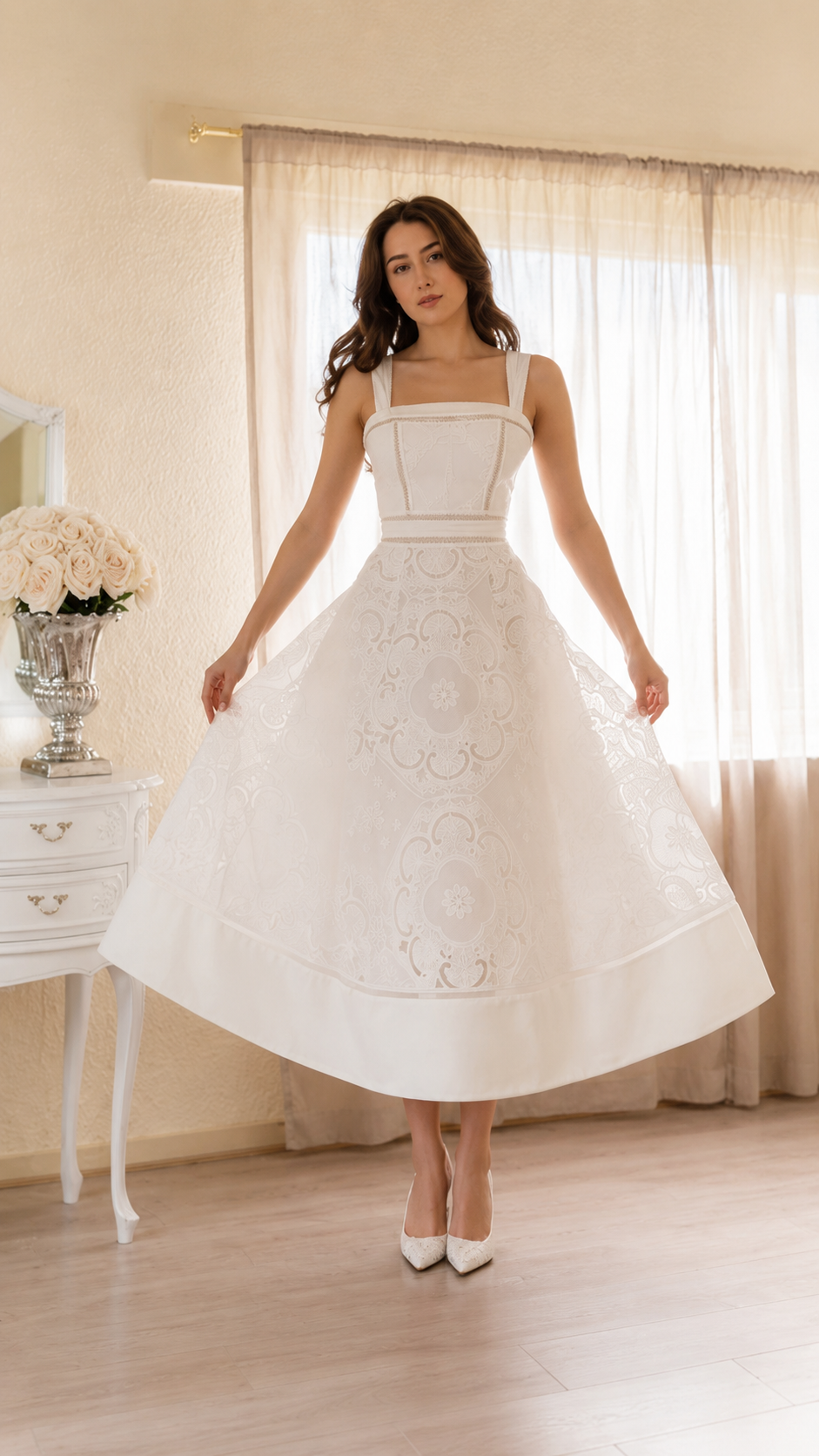 Elegant Ivory Embroidered Midi Dress