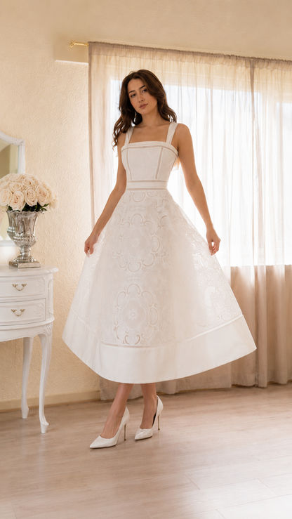Elegant Ivory Embroidered Midi Dress