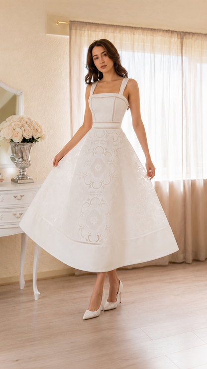 Elegant Ivory Embroidered Midi Dress