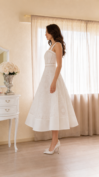 Elegant Ivory Embroidered Midi Dress