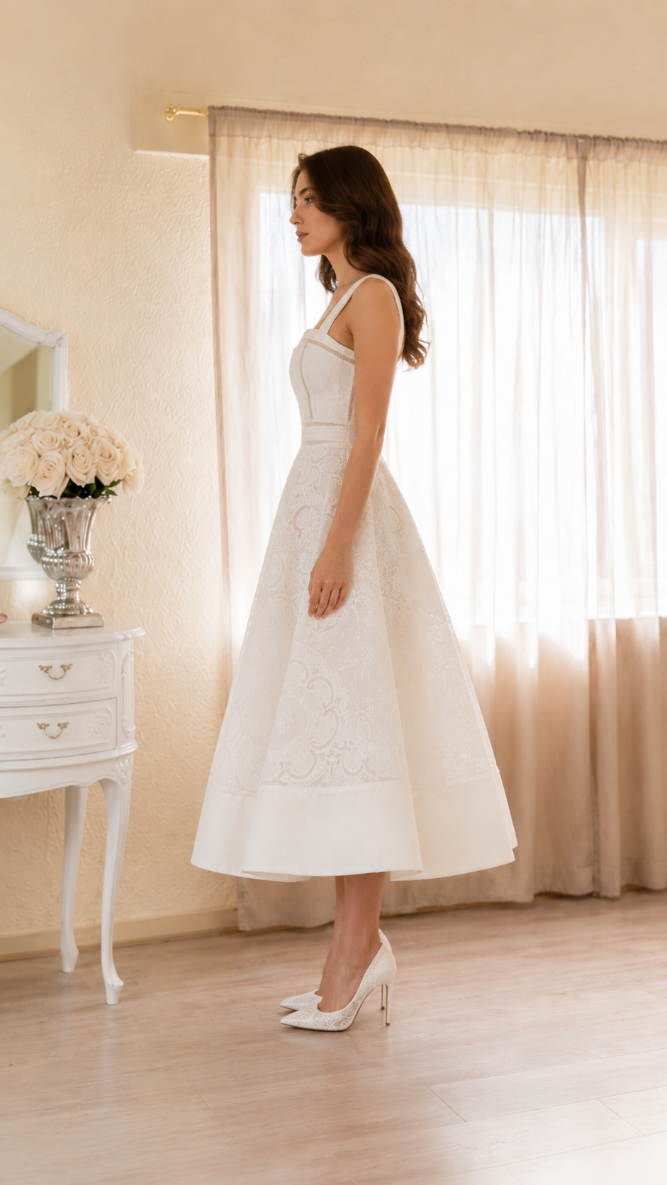 Elegant Ivory Embroidered Midi Dress