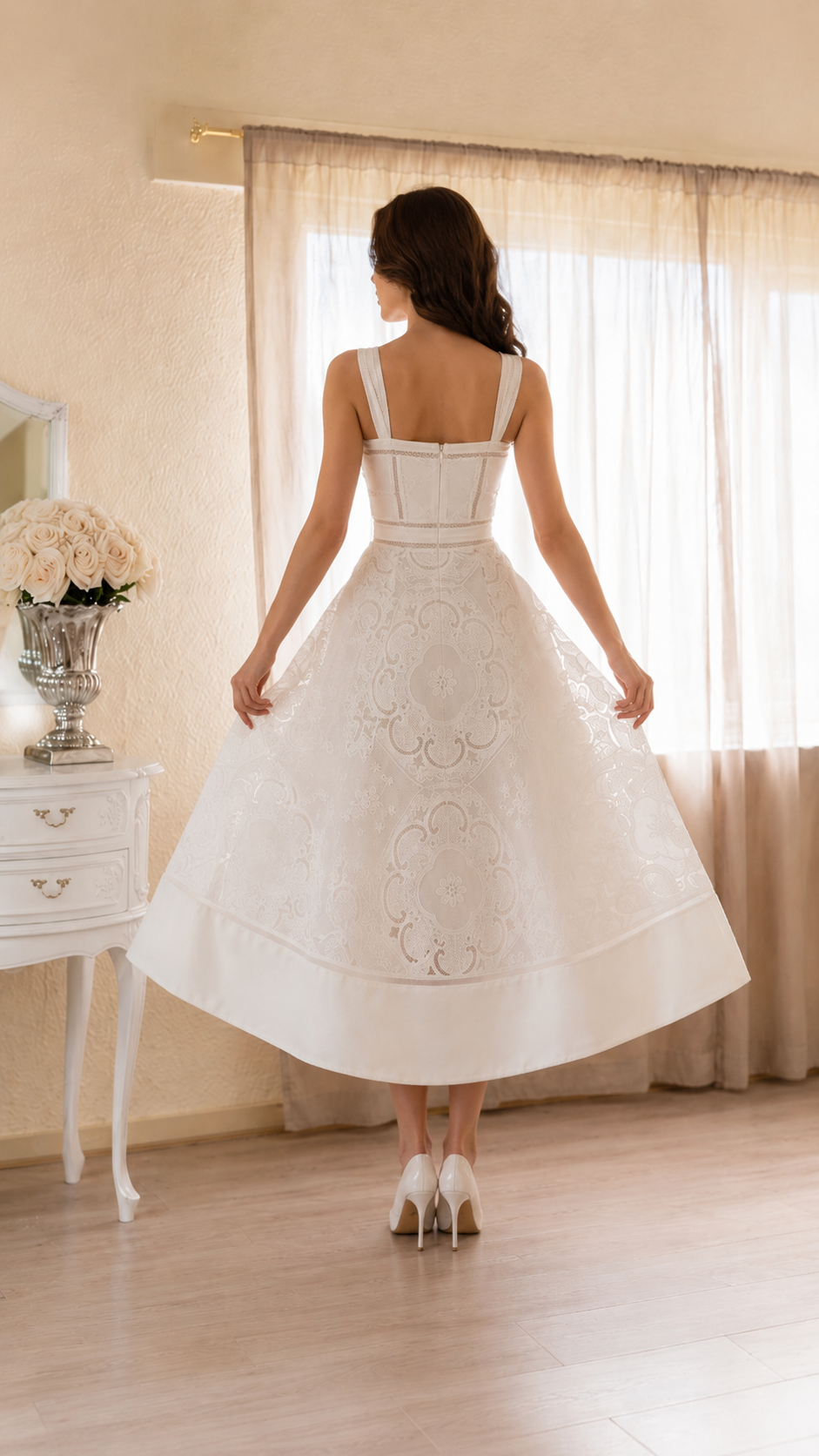 Elegant Ivory Embroidered Midi Dress