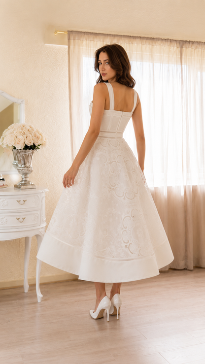 Elegant Ivory Embroidered Midi Dress