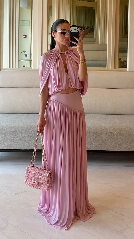 Pleated Cape Crop Top & Maxi Skirt Set