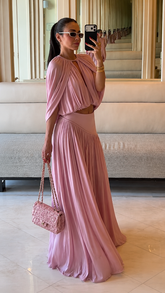 Pleated Cape Crop Top & Maxi Skirt Set