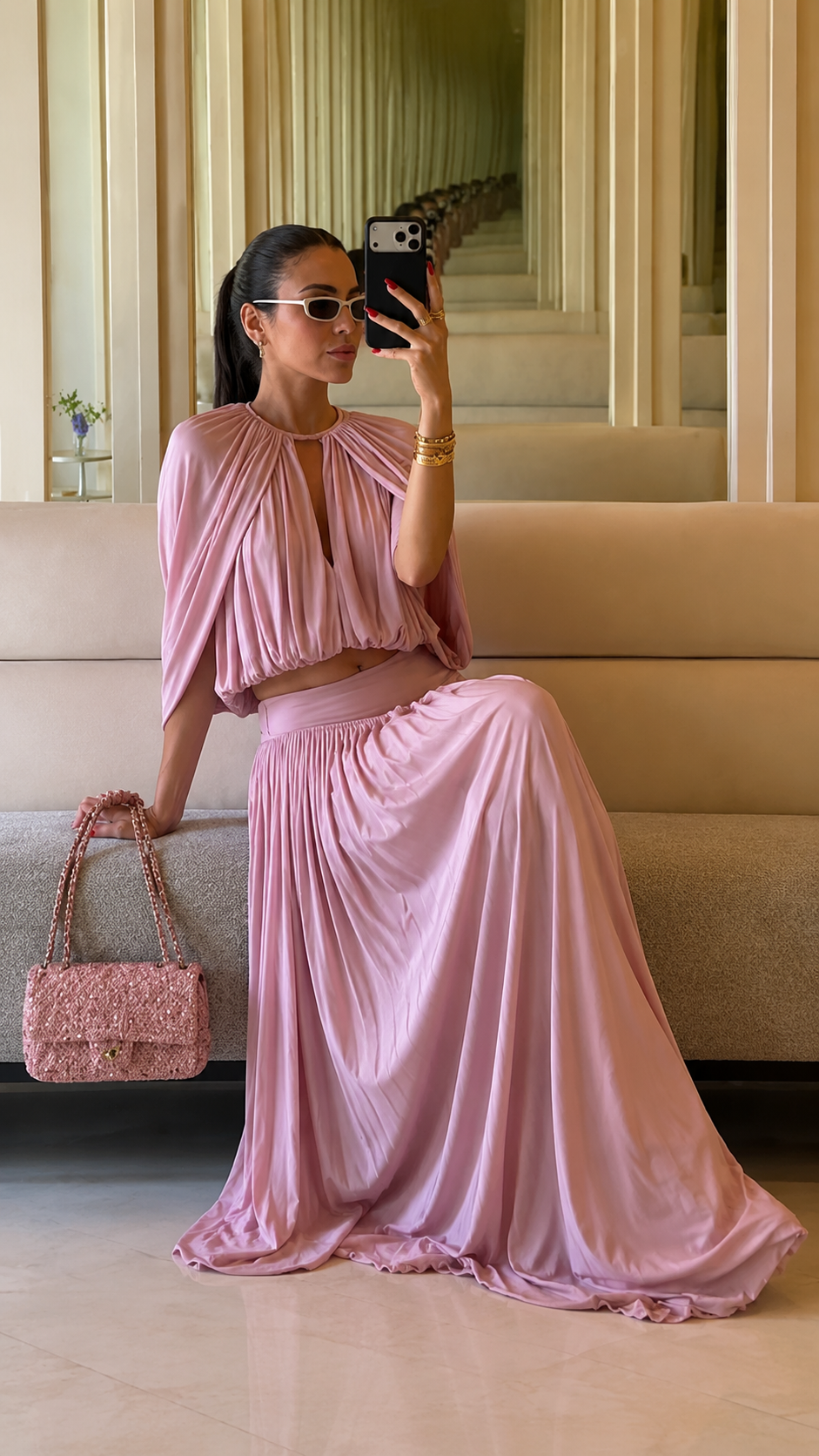 Pleated Cape Crop Top & Maxi Skirt Set