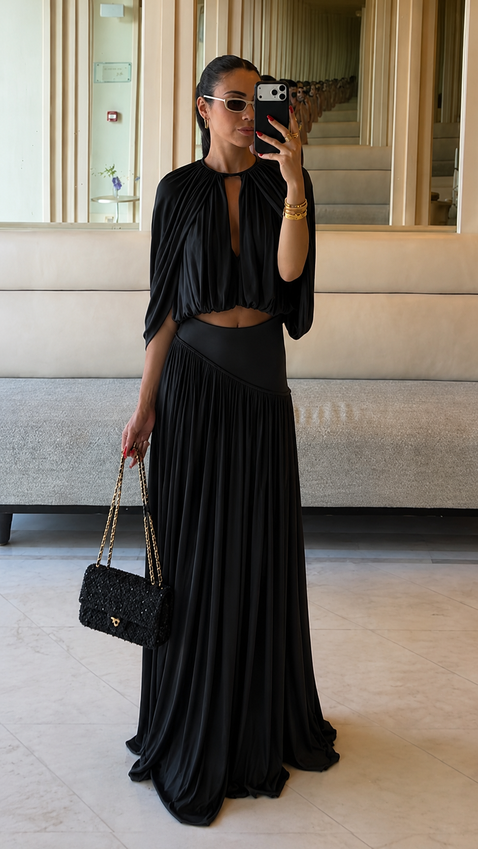 Pleated Cape Crop Top & Maxi Skirt Set